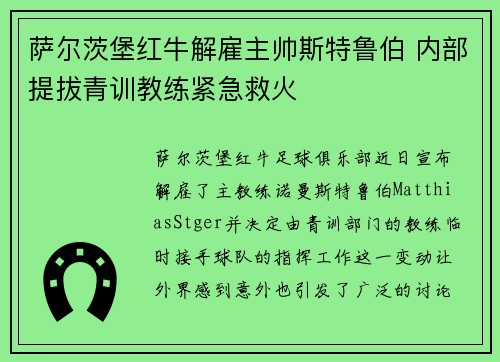 萨尔茨堡红牛解雇主帅斯特鲁伯 内部提拔青训教练紧急救火 萨尔茨堡红牛解雇主帅斯特鲁伯 内部提拔青训教练紧急救火